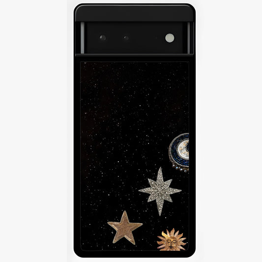 Galactic Charm Glow Glass Case showing flat back view with glowing celestial charm artwork and glossy glass finish.