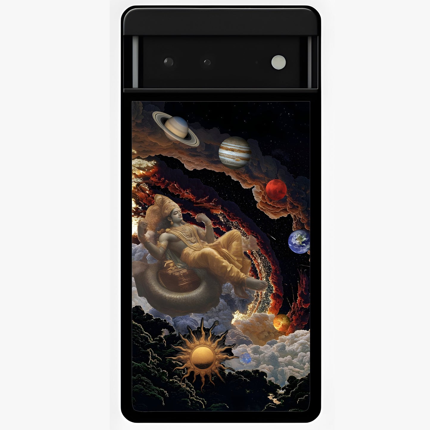 Galactic Divine God Glass Case showing flat back view with divine cosmic themed artwork and glossy glass finish.