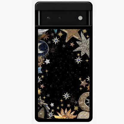 Galactic Jewel Stars Glass Case showing flat back view with sparkling star jewel artwork and glossy glass finish.