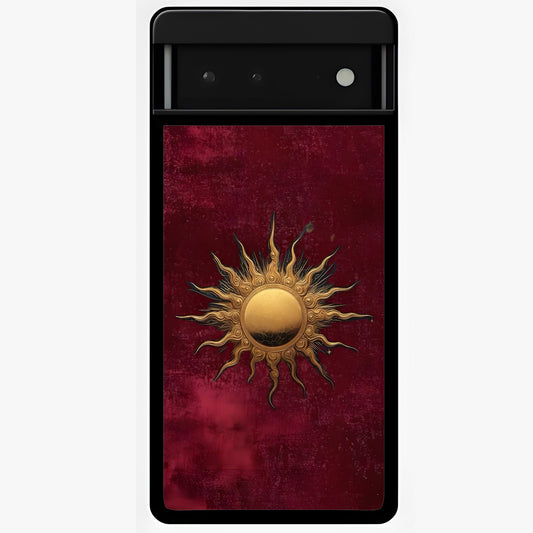 Gold Sun Blush Glass Case showing flat back view with golden sun inspired artwork and glossy glass finish.