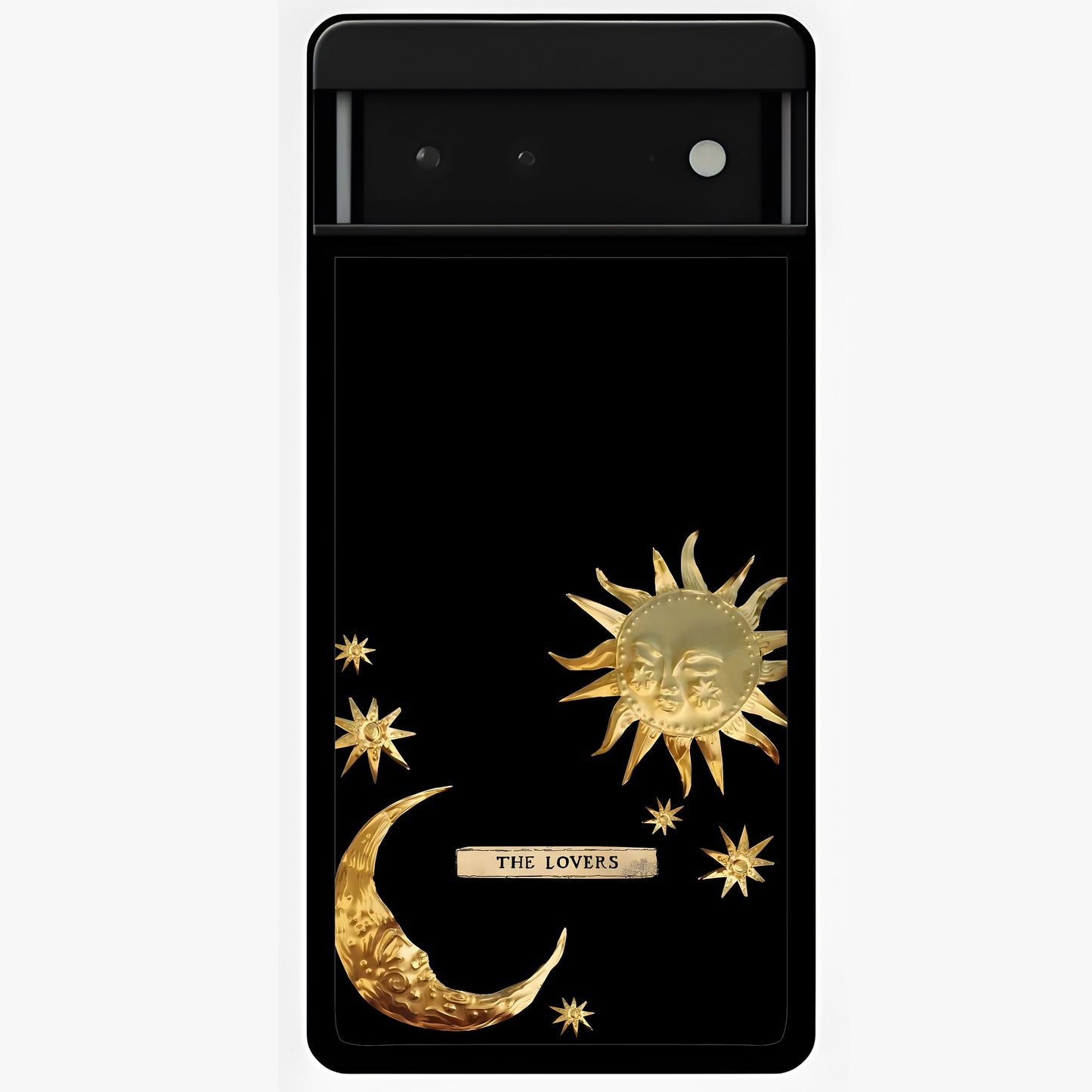 Golden Celestial Charm Glass Case showing flat back view with golden celestial charm artwork and glossy glass finish.
