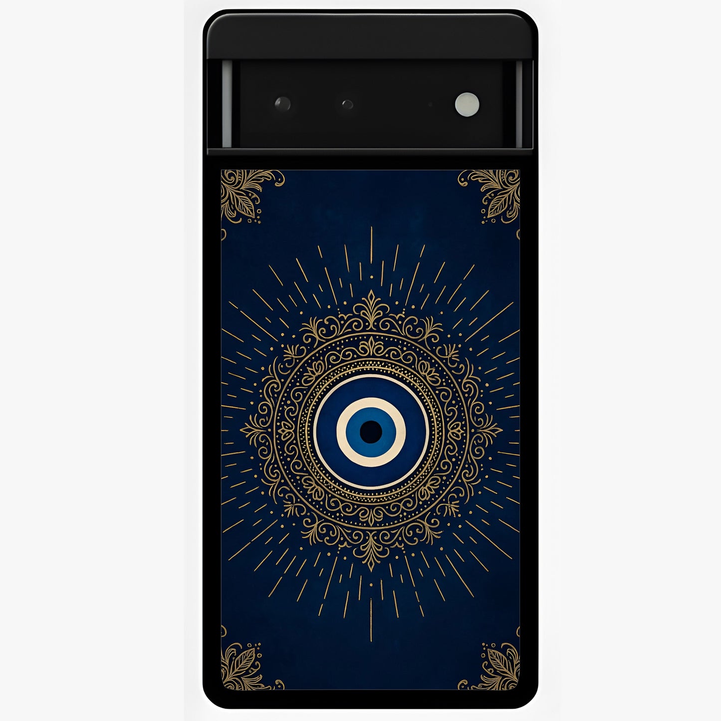 Golden Evil Eye Mandala Glass Case showing flat back view with intricate evil eye mandala artwork and glossy glass finish.