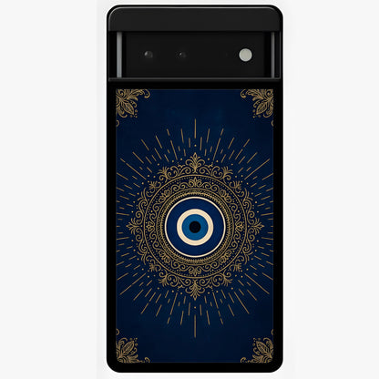 Golden Evil Eye Mandala Glass Case showing flat back view with intricate evil eye mandala artwork and glossy glass finish.