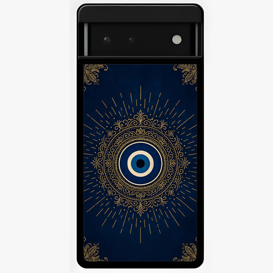Golden Evil Eye Mandala Glass Case showing flat back view with intricate evil eye mandala artwork and glossy glass finish.