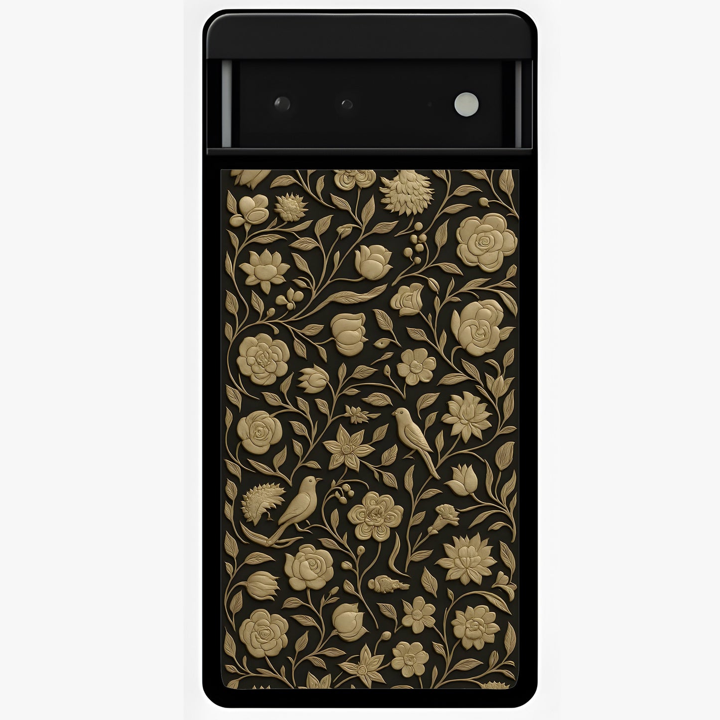 Golden Floral Majesty Glass Case showing flat back view with luxurious golden floral artwork and glossy glass finish.
