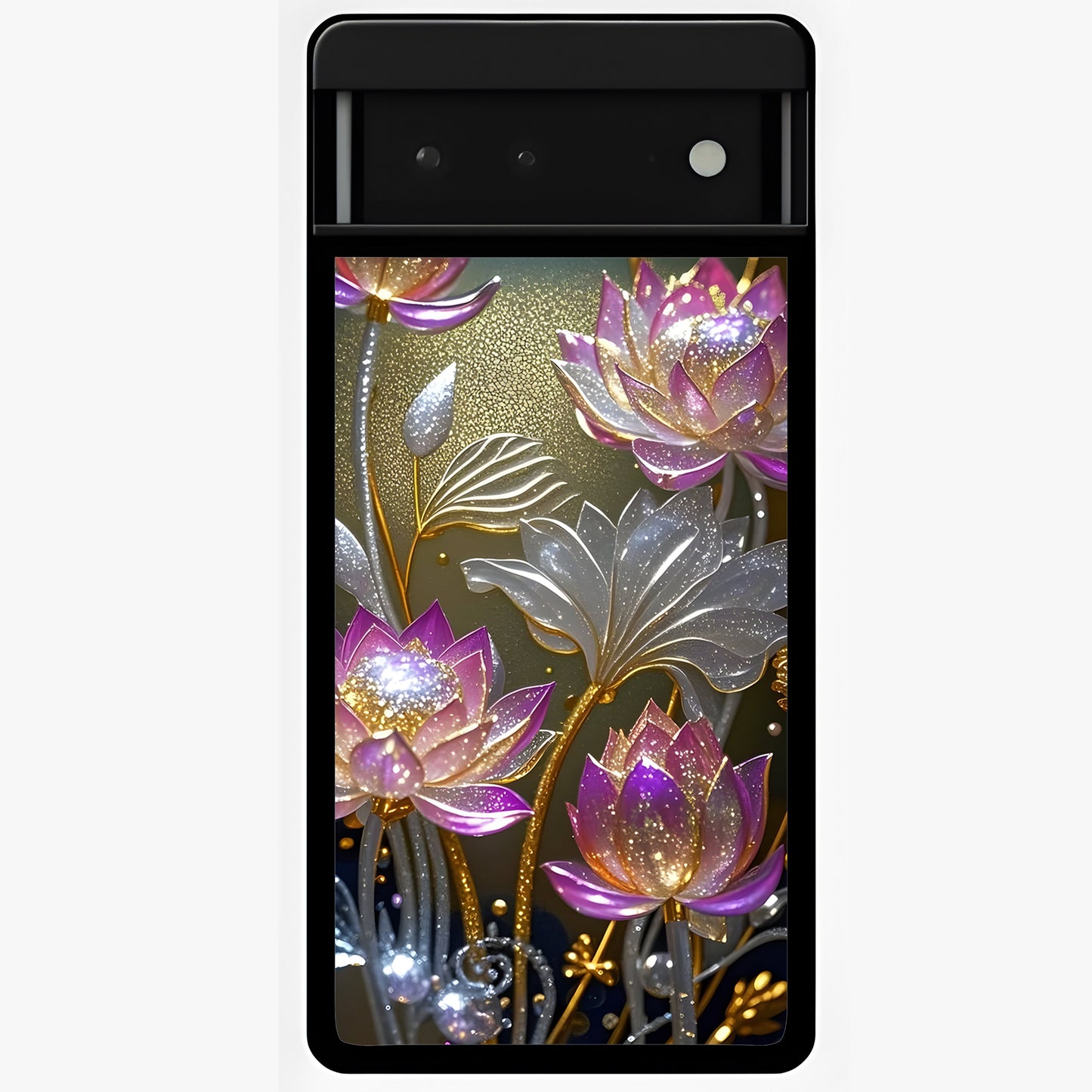 Golden Lotus Glow Glass Case showing flat back view with glowing lotus flower artwork and glossy glass finish.