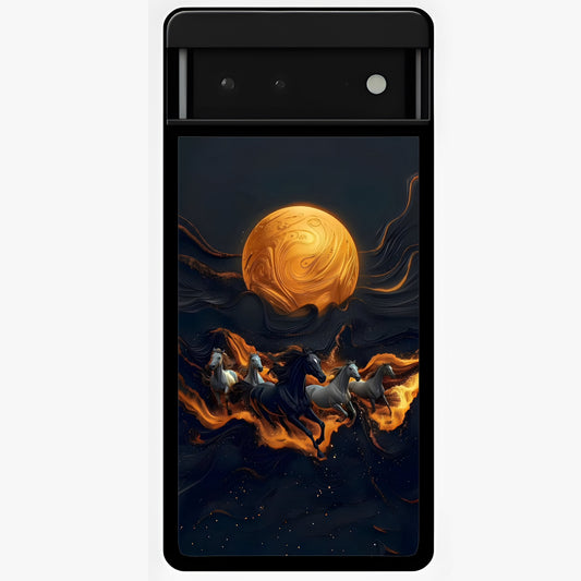 Golden Stallion Moonride Glass Case showing flat back view with majestic horse under moonlight artwork and glossy glass finish.