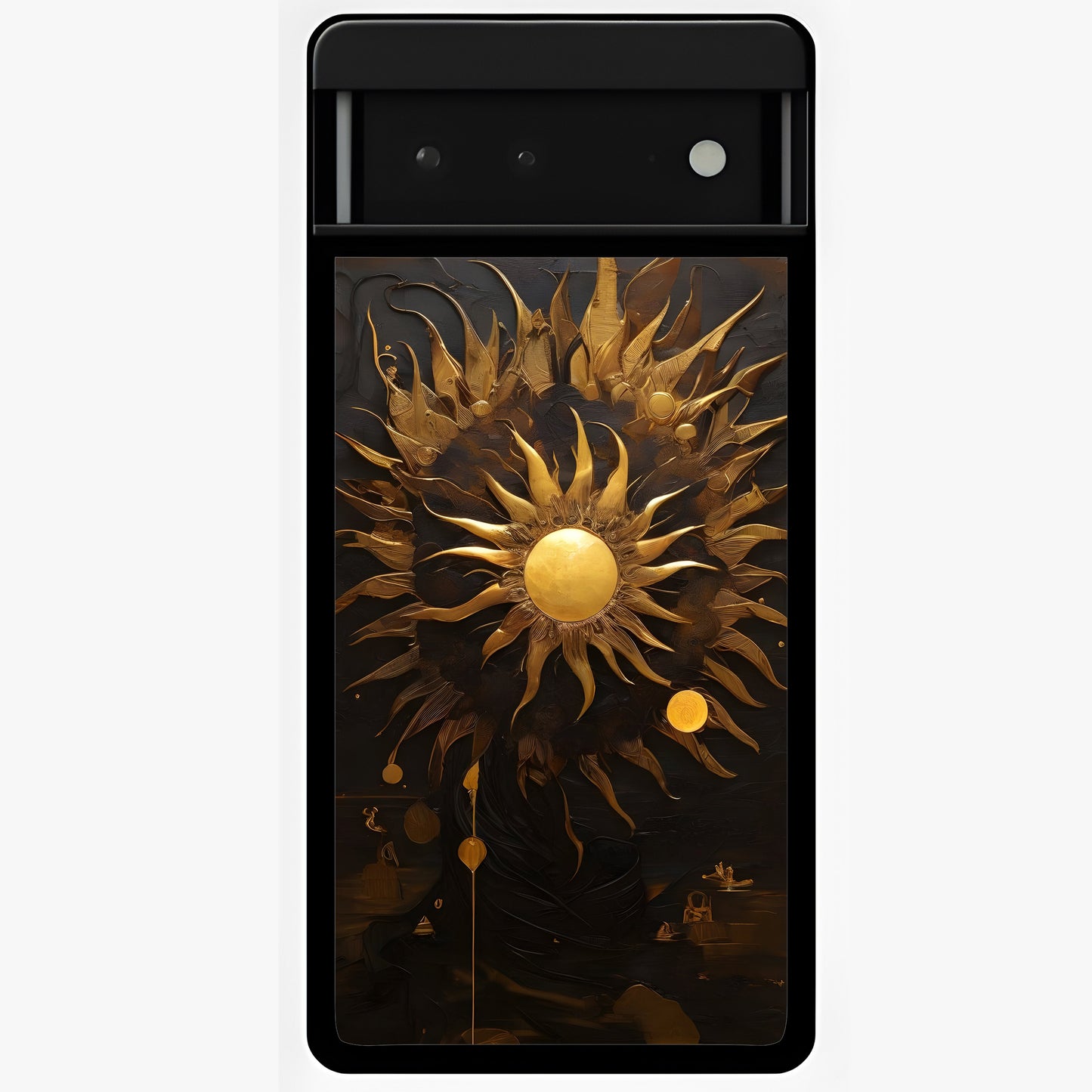 Golden Sun Majesty Glass Case showing flat back view with radiant golden sun artwork and glossy glass finish.