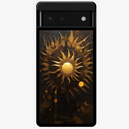 Golden Sun Majesty Glass Case showing flat back view with radiant golden sun artwork and glossy glass finish.