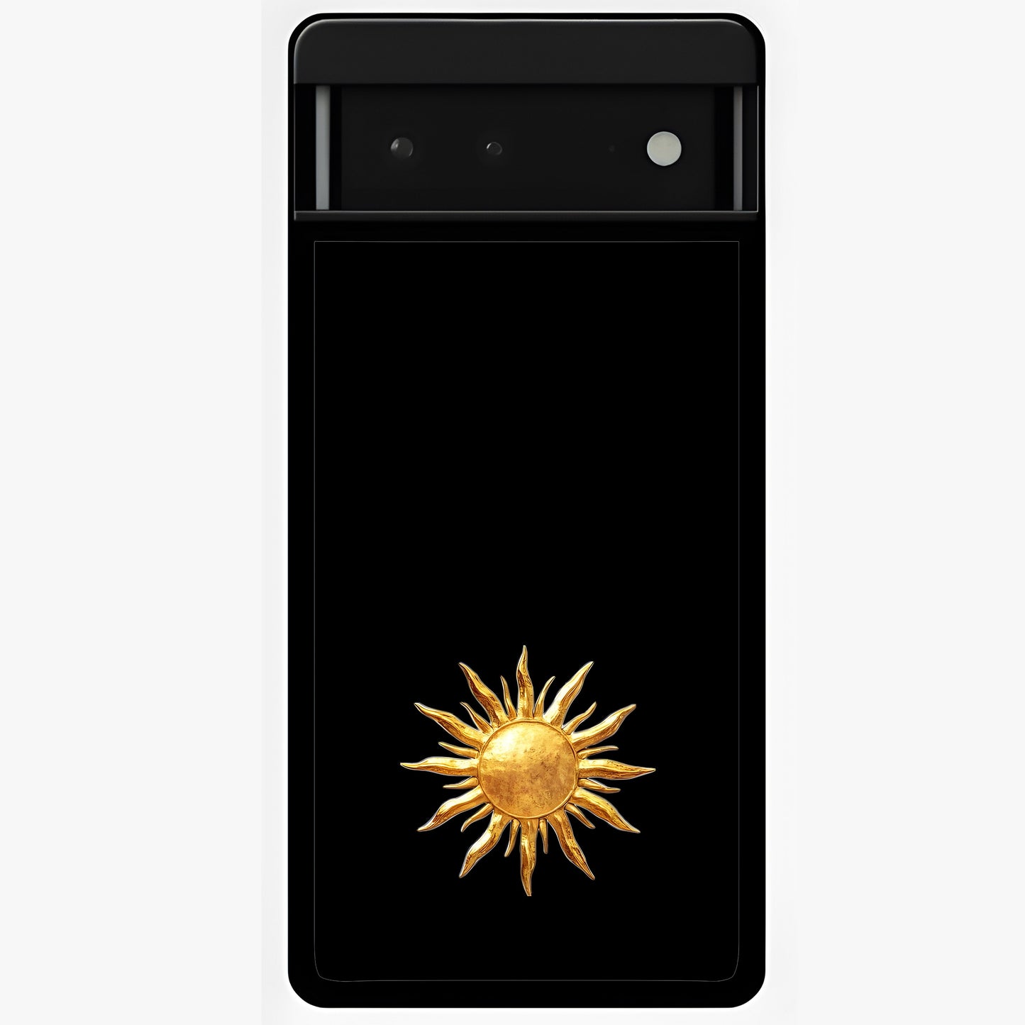 Golden Sun Minimalism Glass Case showing flat back view with minimal golden sun artwork and glossy glass finish.