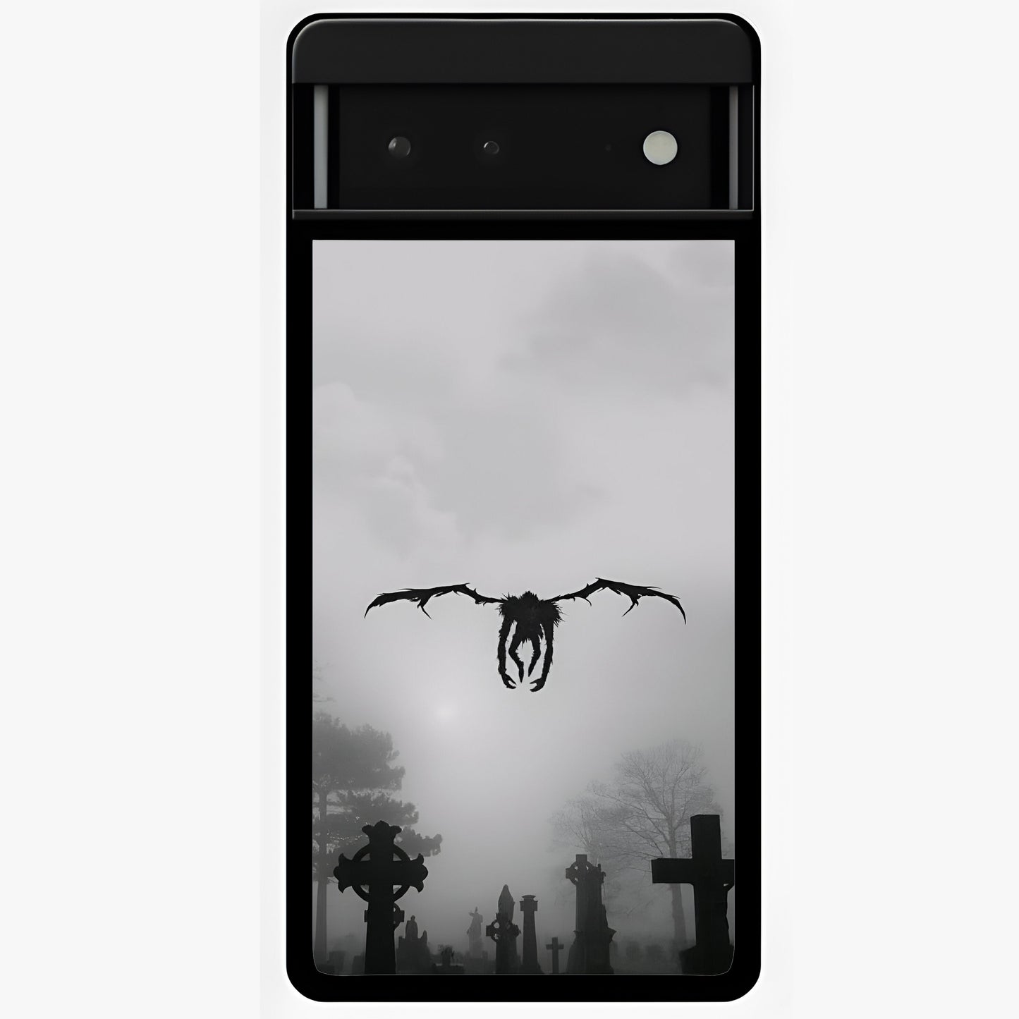 Graveyard Shadow Descent Glass Case showing flat back view with dark graveyard themed artwork and glossy glass finish.