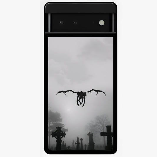 Graveyard Shadow Descent Glass Case showing flat back view with dark graveyard themed artwork and glossy glass finish.