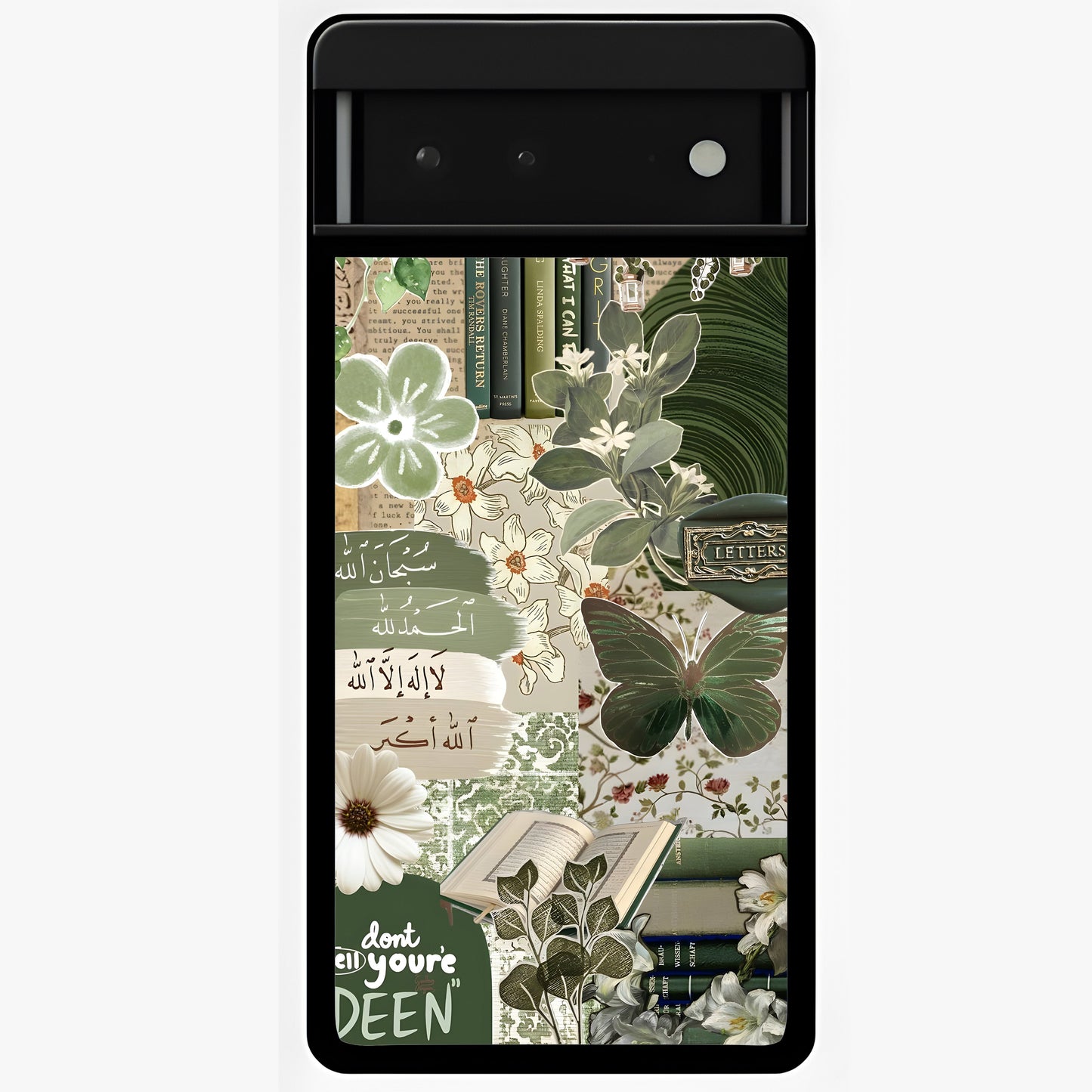 Green Islamic Books Quotes Glass Case showing flat back view with Islamic quotes and book themed artwork and glossy glass finish.