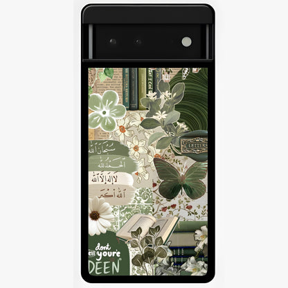 Green Islamic Books Quotes Glass Case showing flat back view with Islamic quotes and book themed artwork and glossy glass finish.