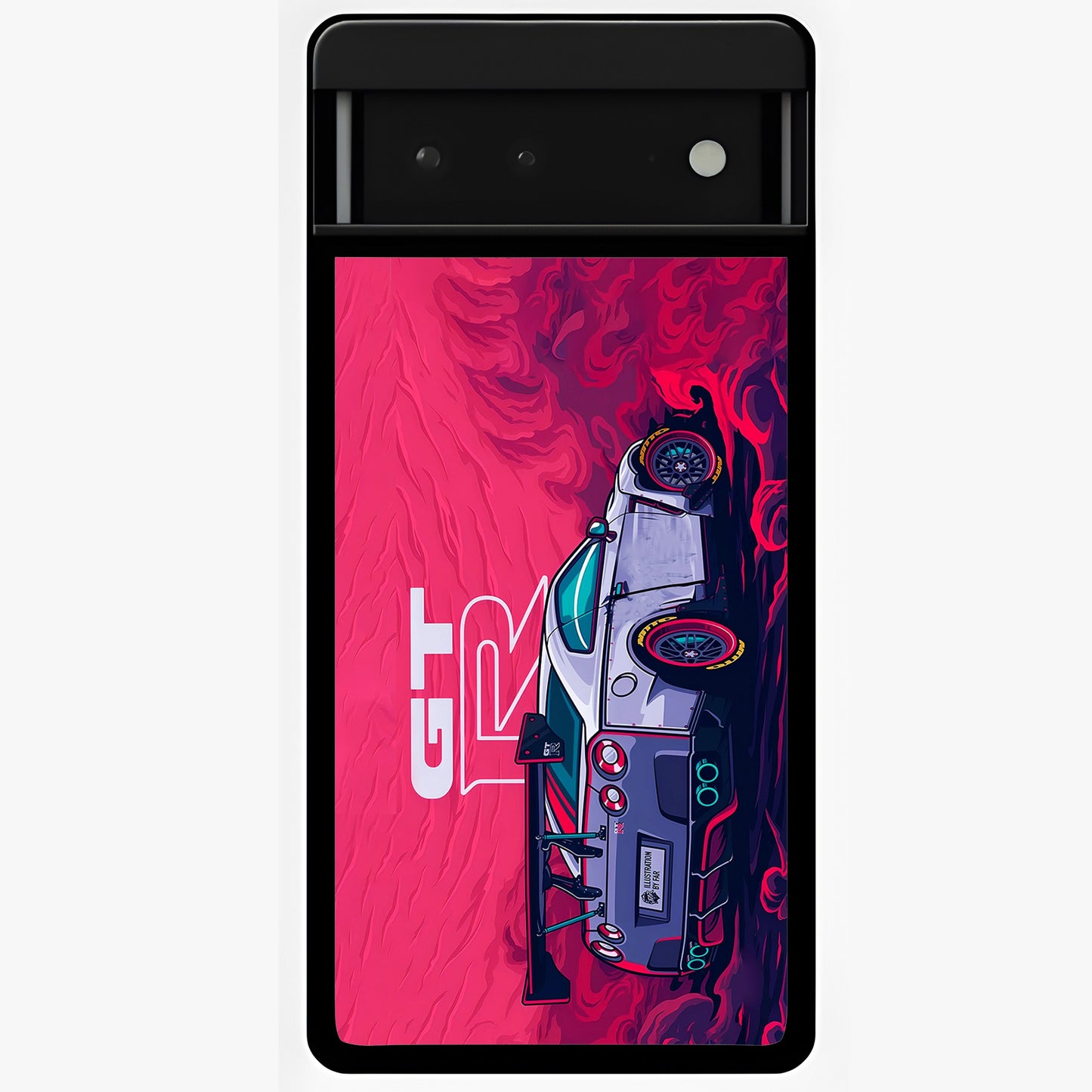 GT-R Car Pattern Glass Case showing flat back view with sporty car inspired pattern artwork and glossy glass finish.