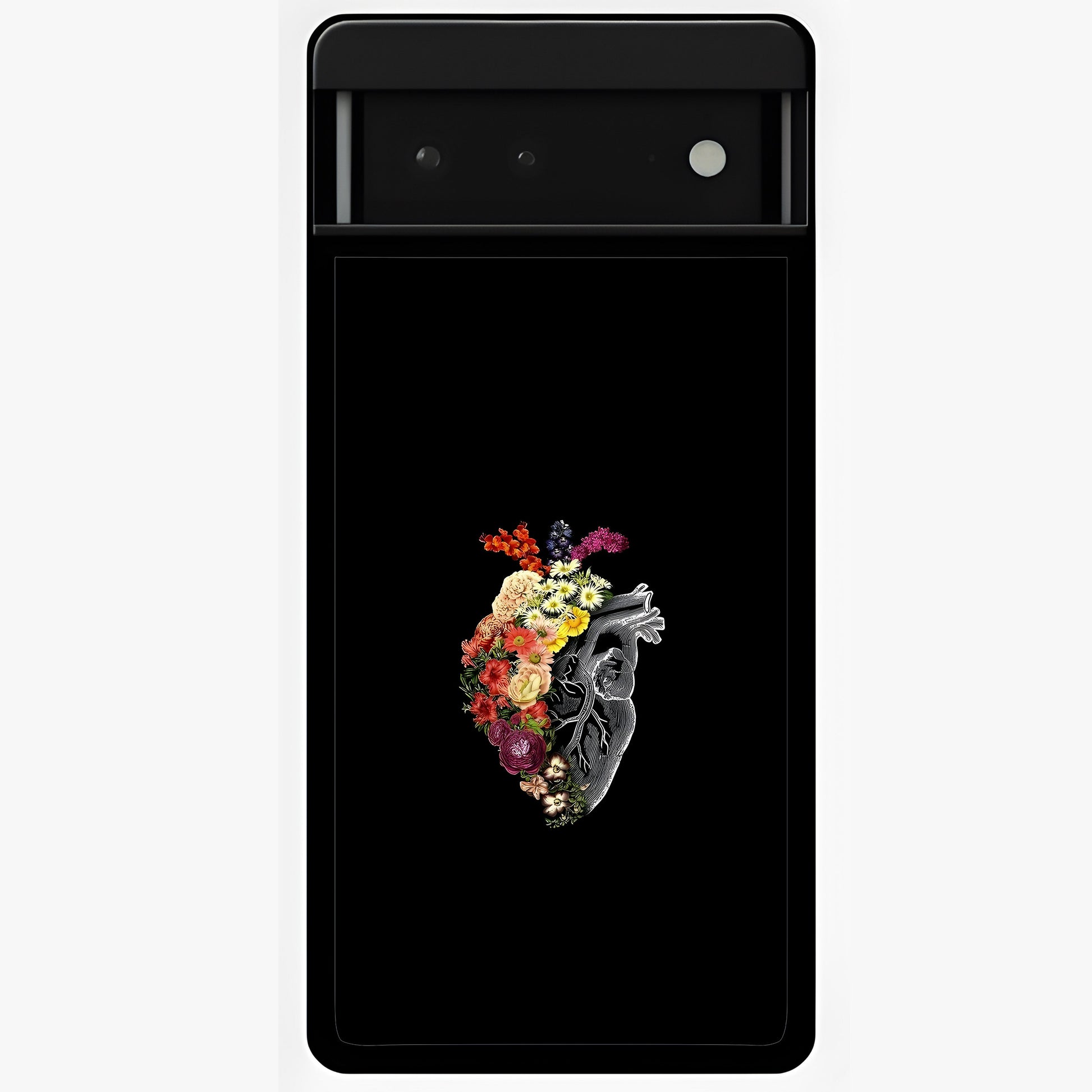 Heart With Flowers Glass Case showing flat back view with heart shaped floral artwork and glossy glass finish.
