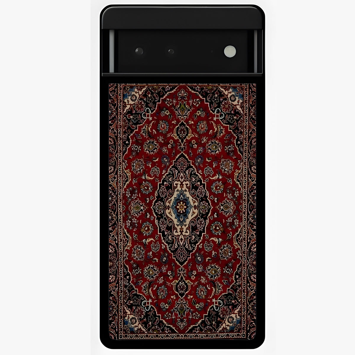 Heritage Carpet Royale Glass Case showing flat back view with ornate Persian carpet inspired pattern and glossy glass finish.