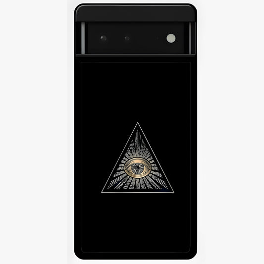 Illuminati Evil Glass Case showing flat back view with mysterious illuminati symbol artwork and glossy glass finish.