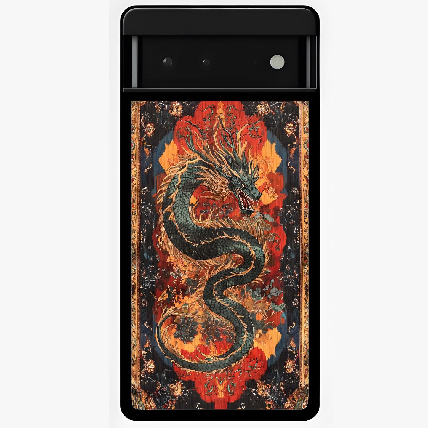 Inferno Dragon Soul Glass Case showing flat back view with fiery dragon artwork and glossy glass finish.