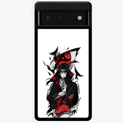 Itachi Sharingan Glass Case showing flat back view with powerful anime eye artwork and glossy glass finish.