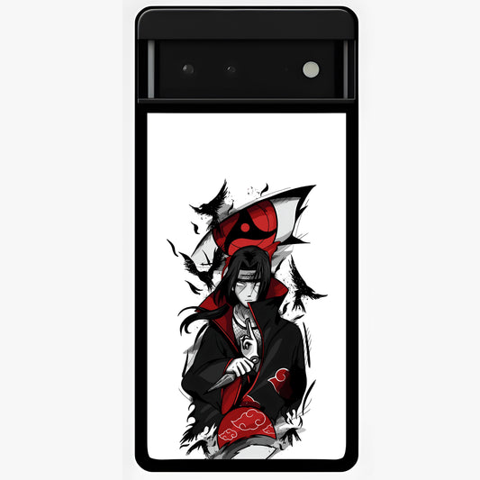 Itachi Sharingan Glass Case showing flat back view with powerful anime eye artwork and glossy glass finish.