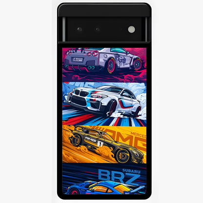 JDM Sports Car Glass Case showing flat back view with high performance sports car artwork and glossy glass finish.