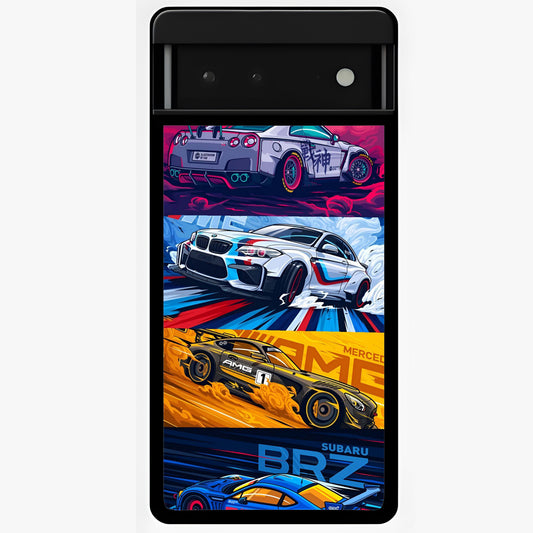 JDM Sports Car Glass Case showing flat back view with high performance sports car artwork and glossy glass finish.
