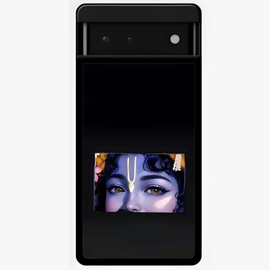 Krishna Divine Embrace Glass Case showing flat back view with Lord Krishna devotional artwork and glossy glass finish.