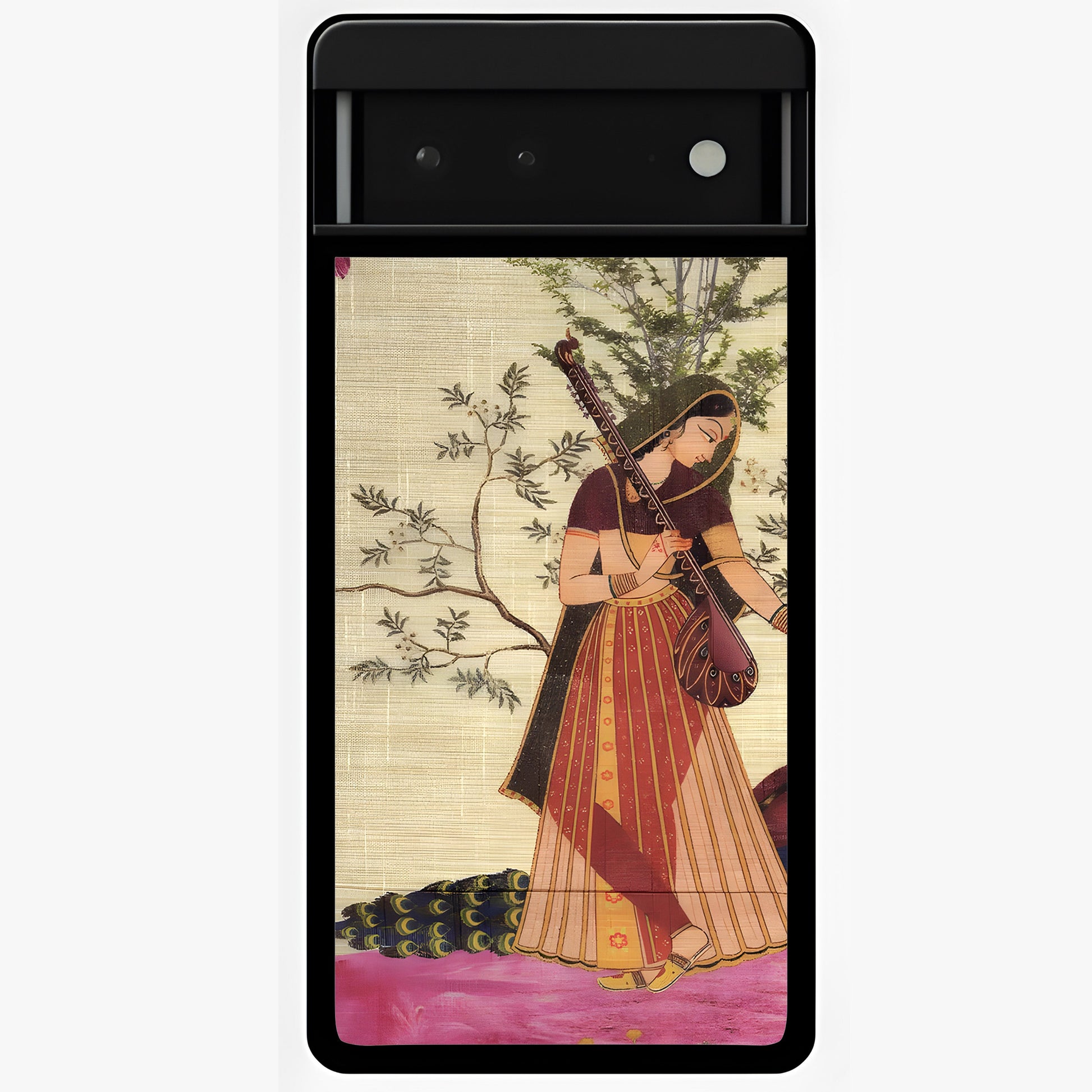 Lady With Veena Art Glass Case showing flat back view with elegant woman playing veena artwork and glossy glass finish.