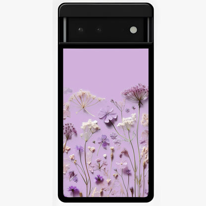 Lavender Blossom Dream Glass Case showing flat back view with soft lavender floral artwork and glossy glass finish.
