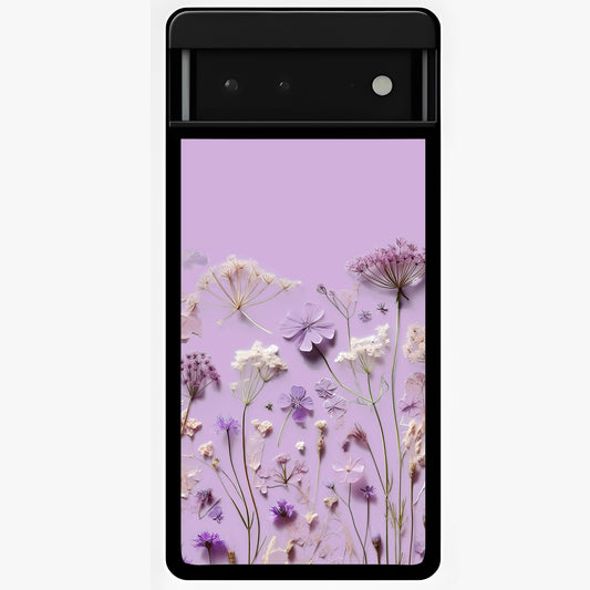 Lavender Blossom Dream Glass Case showing flat back view with soft lavender floral artwork and glossy glass finish.