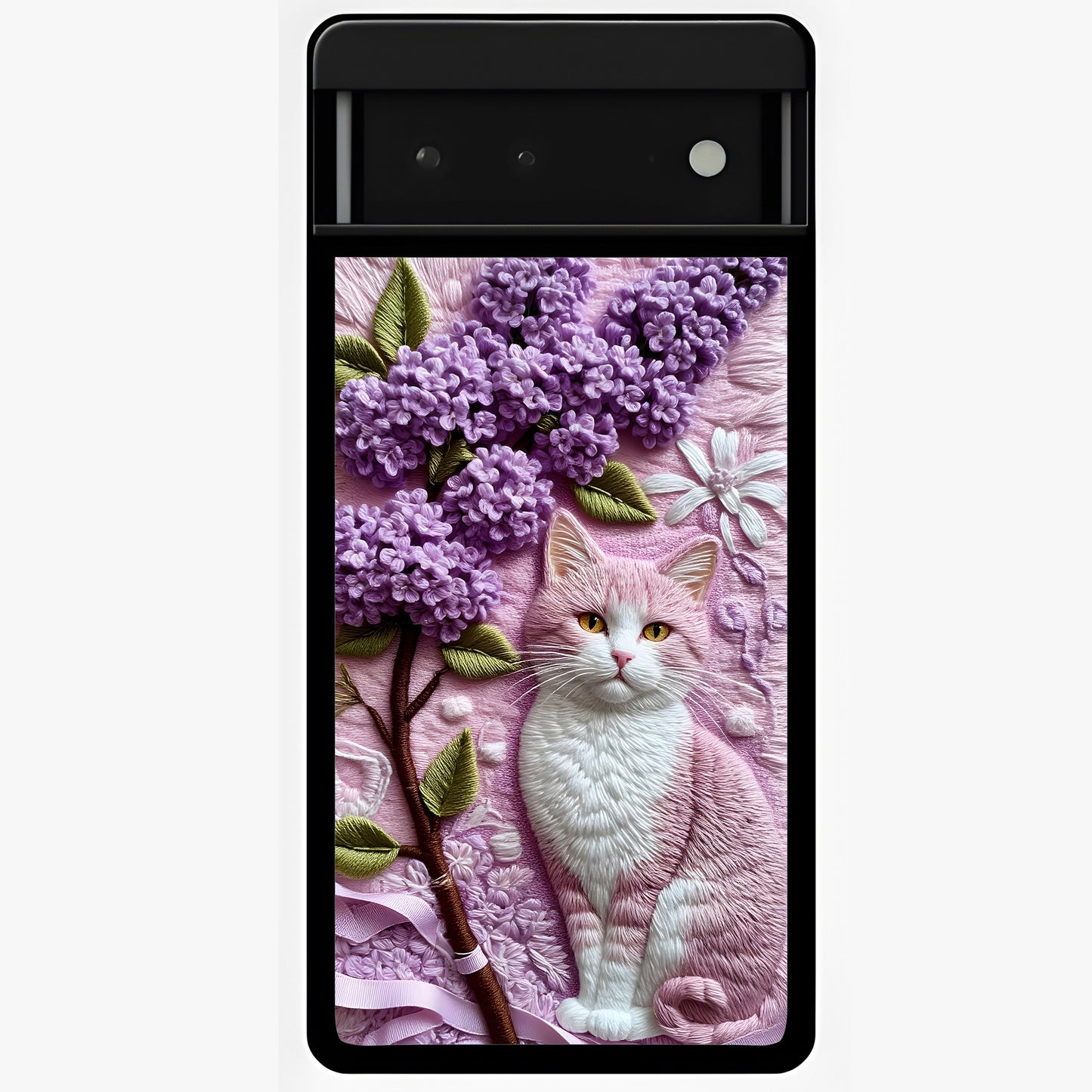 Lavender Cat Whimsy Glass Case showing flat back view with cute lavender cat artwork and glossy glass finish.