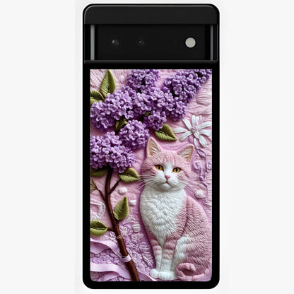 Lavender Cat Whimsy Glass Case showing flat back view with cute lavender cat artwork and glossy glass finish.