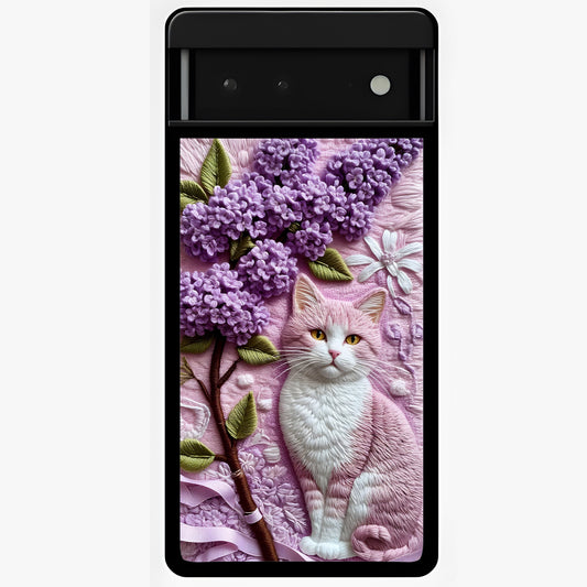 Lavender Cat Whimsy Glass Case showing flat back view with cute lavender cat artwork and glossy glass finish.