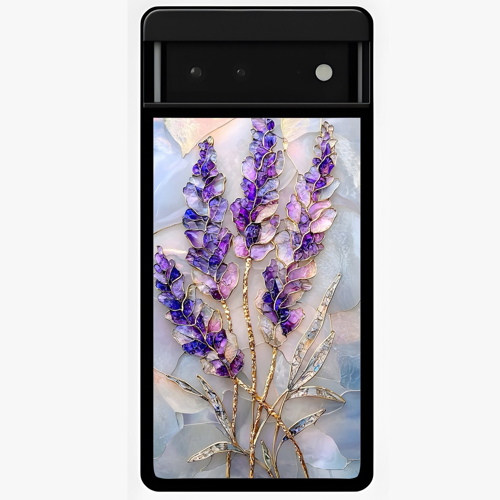 Lavender Dream Glow Glass Case showing flat back view with glowing lavender aesthetic artwork and glossy glass finish.