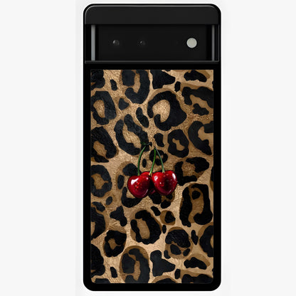 Leopard Wild Cherry Glass Case showing flat back view with leopard pattern and cherry artwork and glossy glass finish.