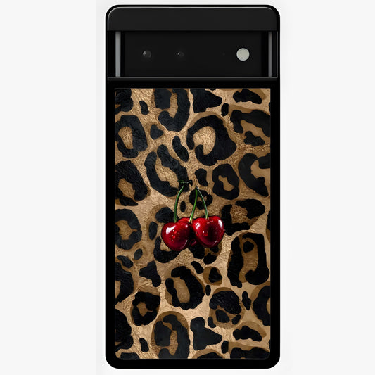 Leopard Wild Cherry Glass Case showing flat back view with leopard pattern and cherry artwork and glossy glass finish.