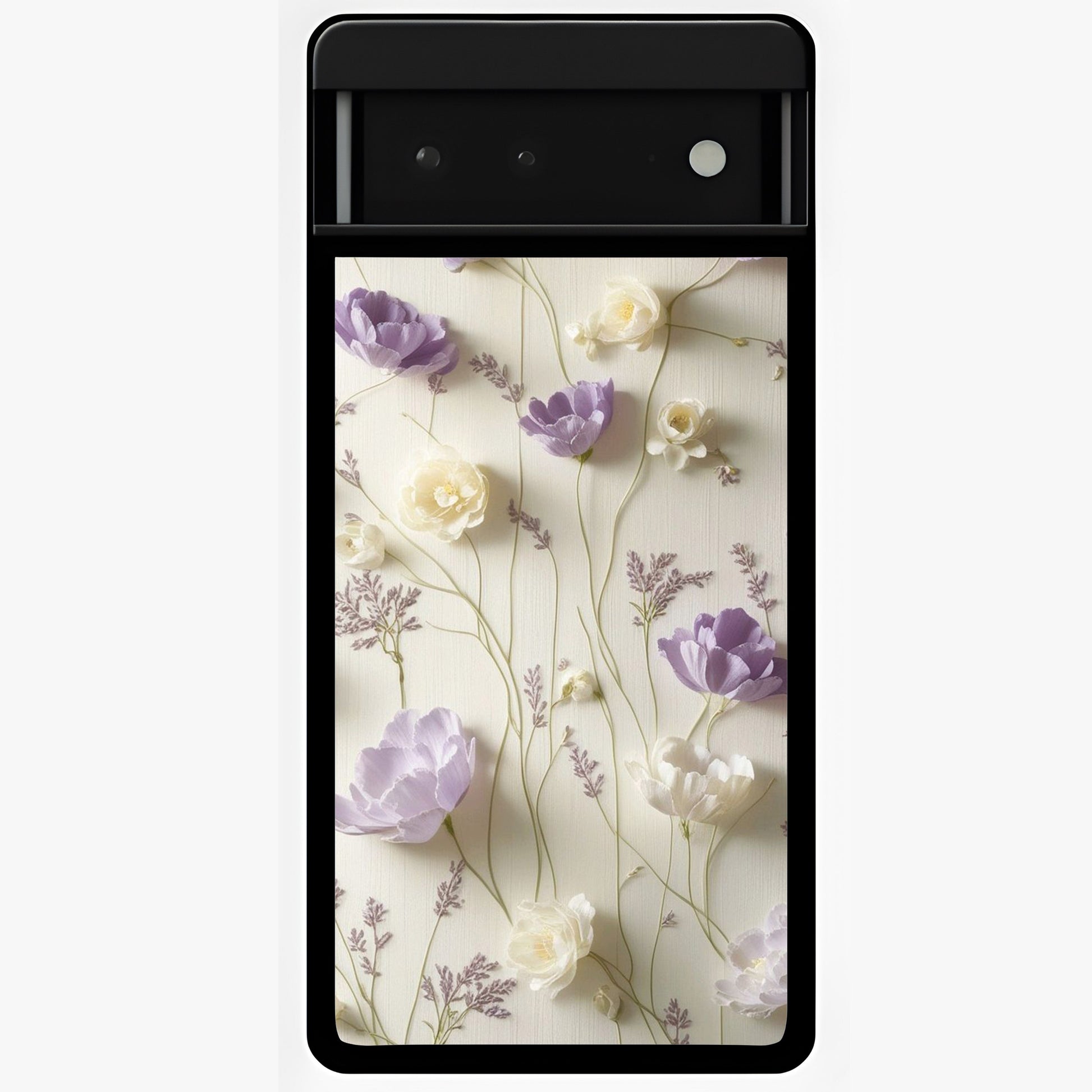 Lilac Breeze Harmony Glass Case showing flat back view with soft lilac themed artwork and glossy glass finish.