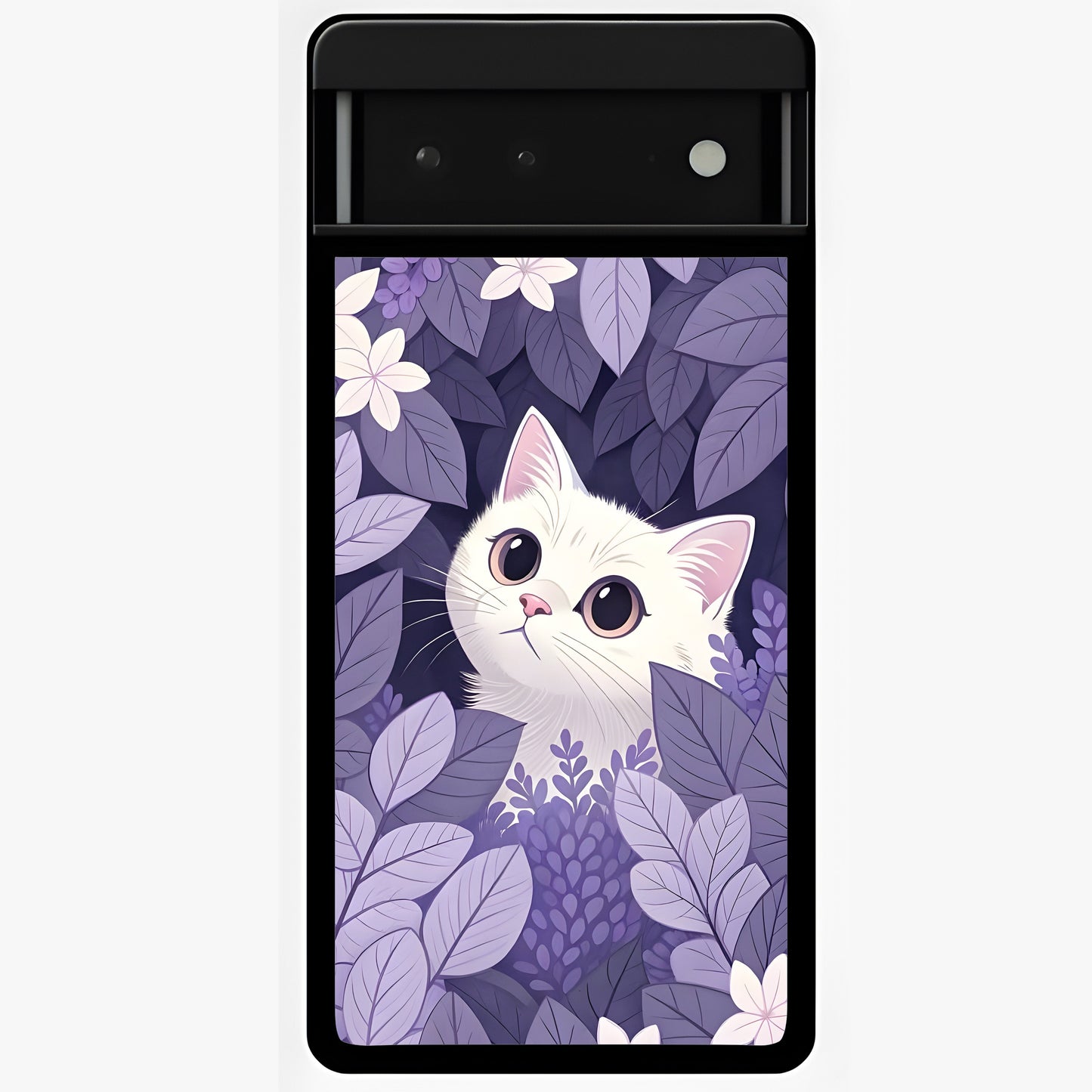 Lilac Hide Peek Cat Glass Case showing flat back view with cute peeking cat artwork and glossy glass finish.