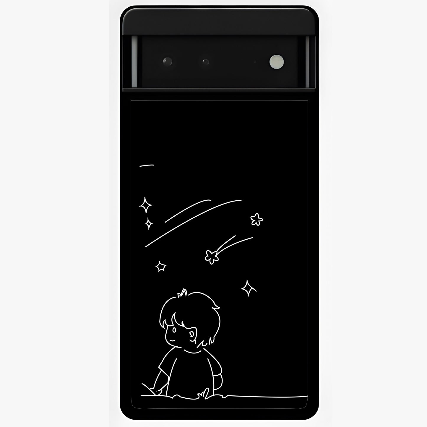 Line Art Boy With Shooting Stars Glass Case showing flat back view with minimal line art boy and shooting stars illustration and glossy glass finish.
