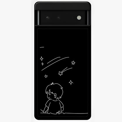 Line Art Boy With Shooting Stars Glass Case showing flat back view with minimal line art boy and shooting stars illustration and glossy glass finish.