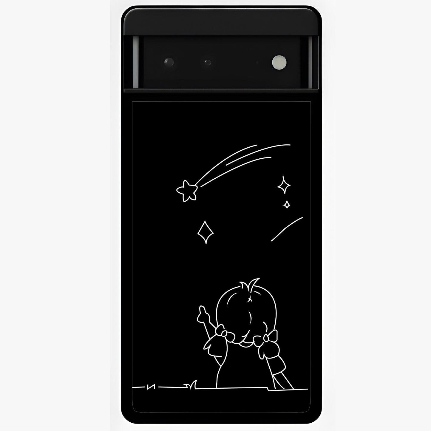 Line Art Girl With Shooting Stars Glass Case showing flat back view with minimal line art girl and shooting stars illustration and glossy glass finish.