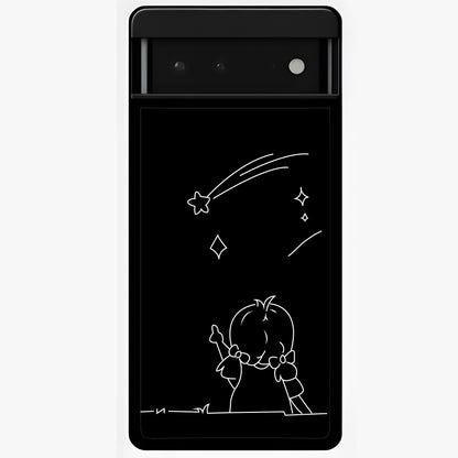 Line Art Girl With Shooting Stars Glass Case showing flat back view with minimal line art girl and shooting stars illustration and glossy glass finish.