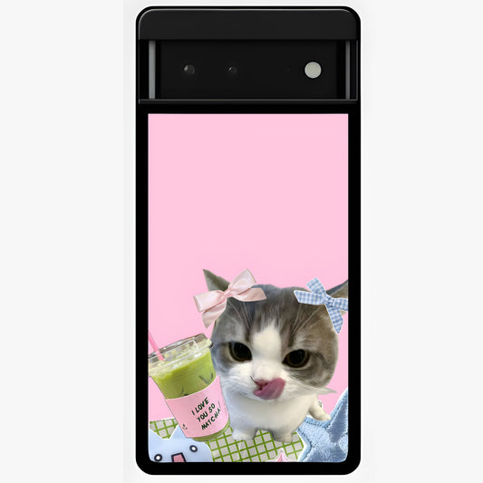 Love Matcha Cat Glass Case showing flat back view with cute cat and matcha themed artwork and glossy glass finish.