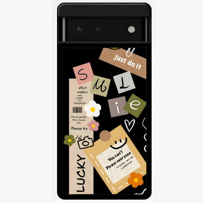 Lucky Aesthetic Collage Glass Case showing flat back view with trendy aesthetic collage artwork and glossy glass finish.