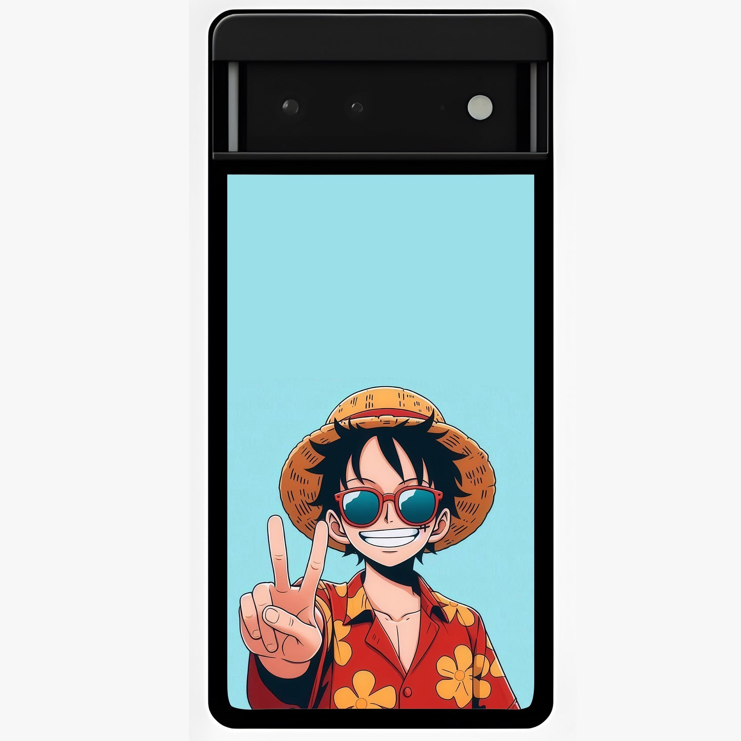 Luffy Summer Anime Vibe Glass Case showing flat back view with vibrant anime character artwork and glossy glass finish.