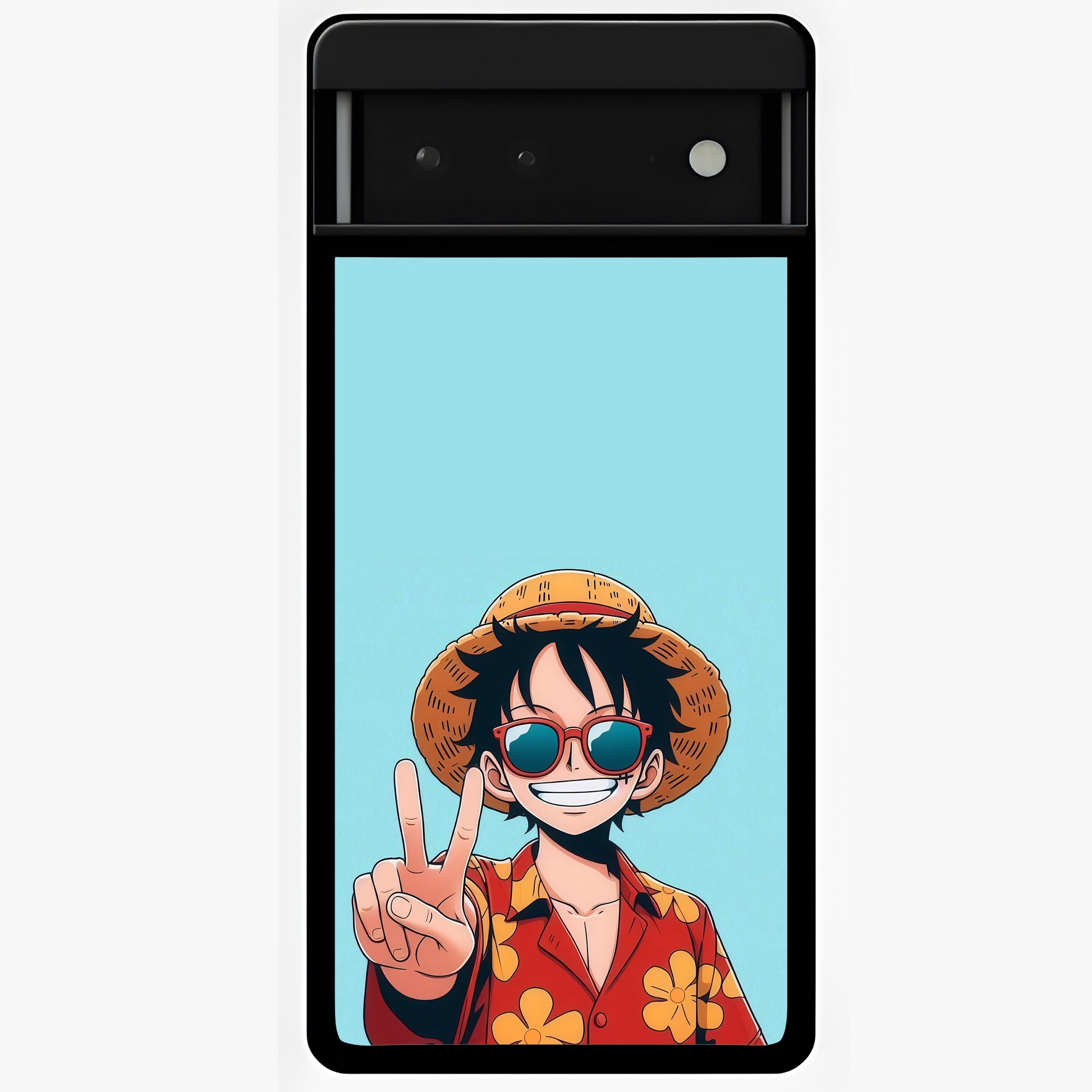 Luffy Summer Anime Vibe Glass Case showing flat back view with vibrant anime character artwork and glossy glass finish.
