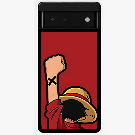 Luffy X Spirit Glass Case showing flat back view with bold anime character artwork and glossy glass finish.