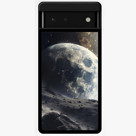 Lunar Horizon Glow Glass Case showing flat back view with glowing moon horizon artwork and glossy glass finish.
