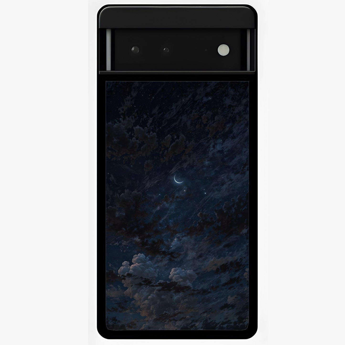 Lunar Veil Silence Glass Case showing flat back view with mystical moon veil artwork and glossy glass finish.